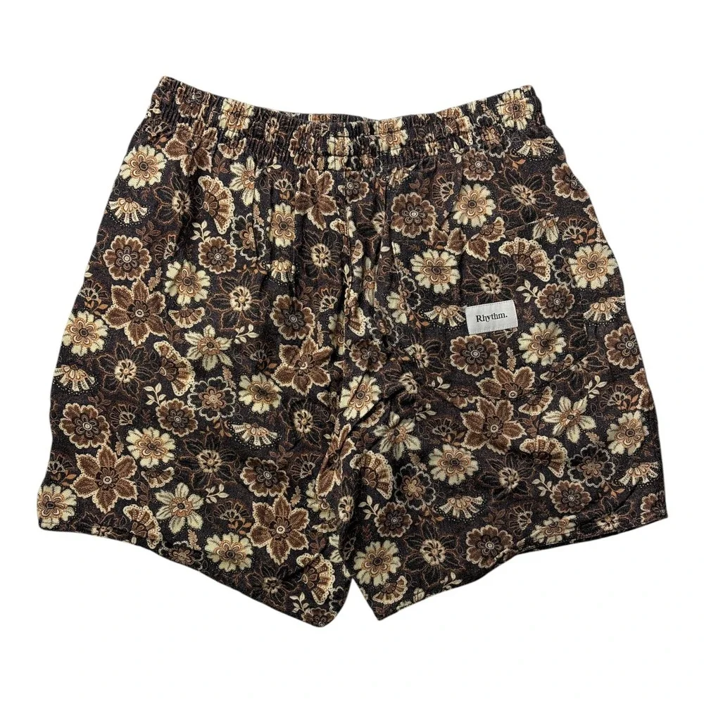 Rhythm Mens Floral Trunk Shorts Brown Cream Elastic Waist Surf Retro Casual S